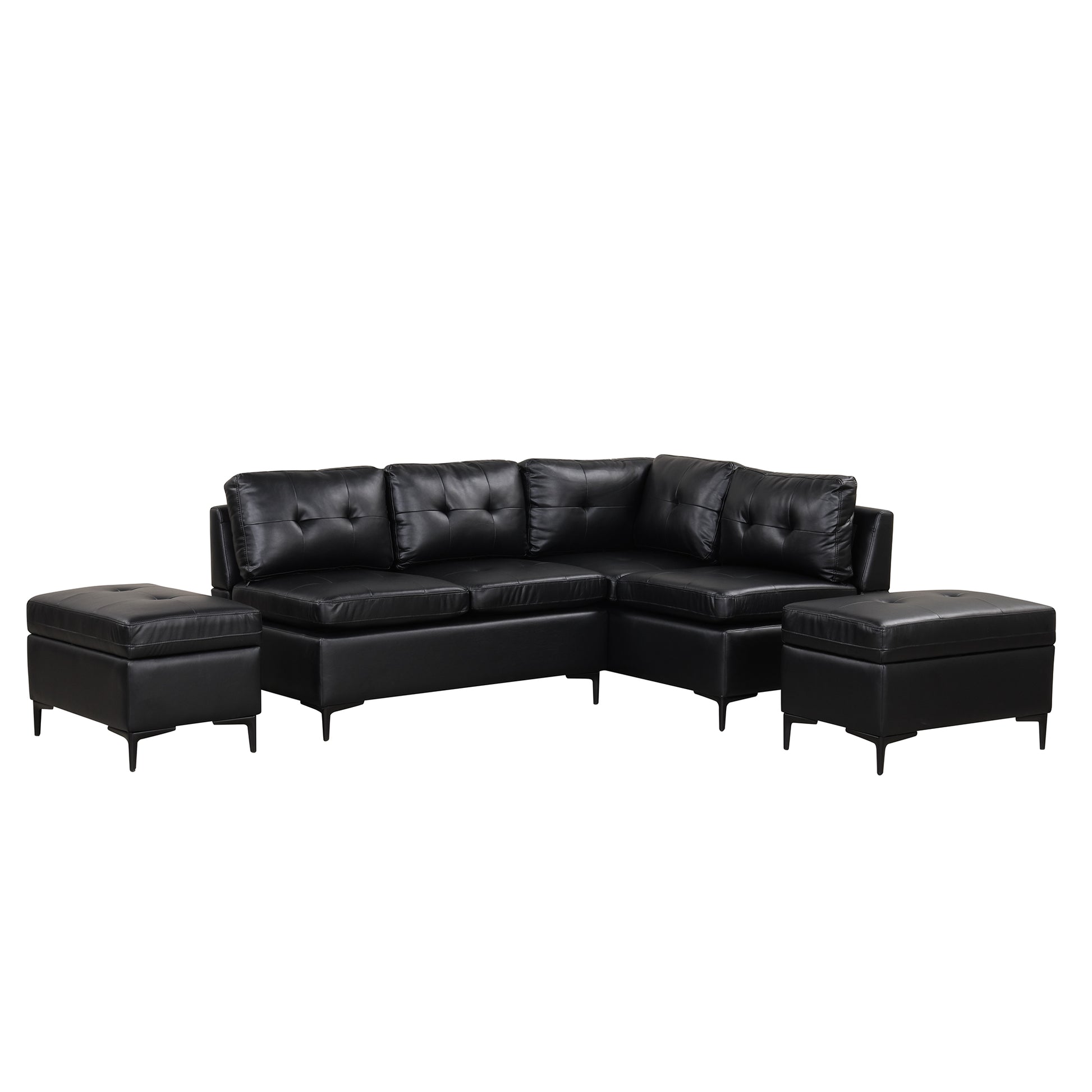 94.88" L Shaped Corner Sofa Pu Leather Sectional Sofa Couch With Movable Storage Ottomans For Living Room, Black Black Foam Pu Leather