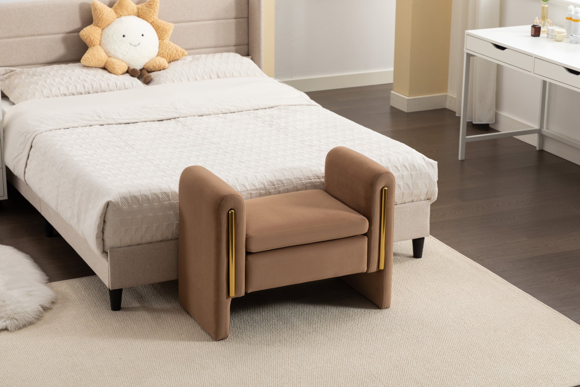 031 Velvet Fabric Single Bench Shoe Bench Makeup Bench For Bedroom Indoor,Coffee Wood Bedroom Brown Solid Eucalyptus Wood Tufted Coffee Polyester Velvet Backless Soft Modern Foam Velvet