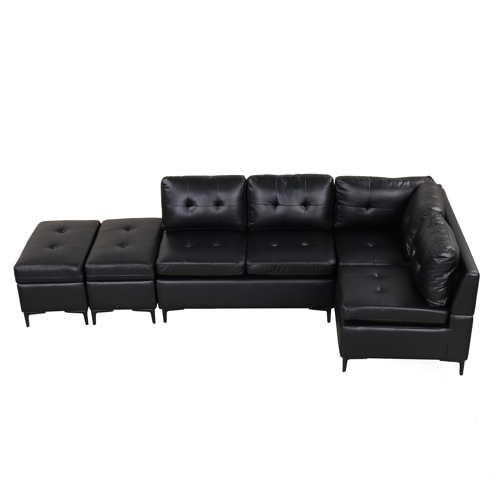 94.88" L Shaped Corner Sofa Pu Leather Sectional Sofa Couch With Movable Storage Ottomans For Living Room, Black Black Foam Pu Leather