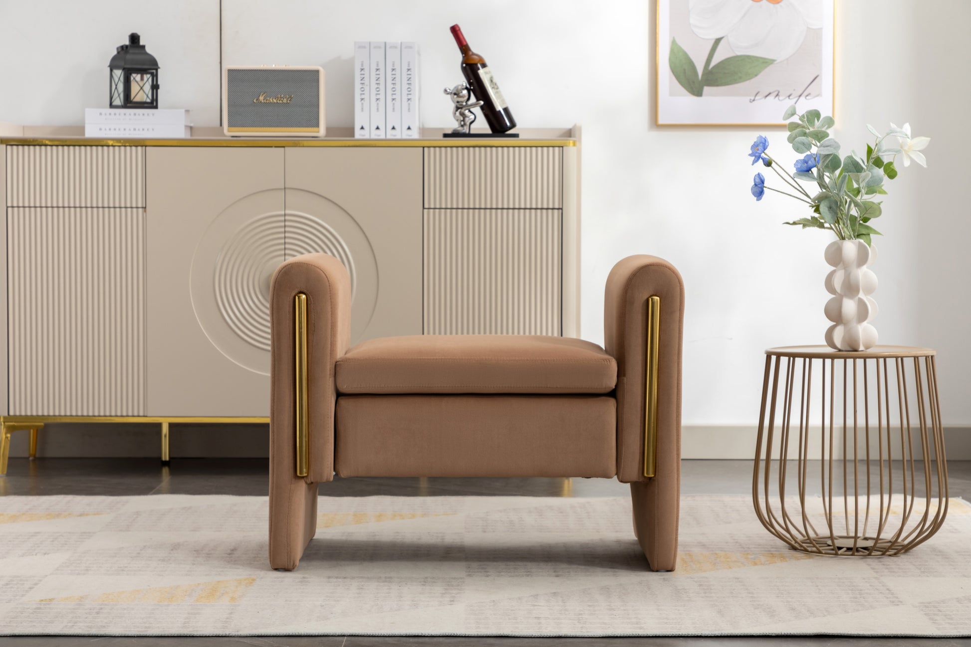 031 Velvet Fabric Single Bench Shoe Bench Makeup Bench For Bedroom Indoor,Coffee Wood Bedroom Brown Solid Eucalyptus Wood Tufted Coffee Polyester Velvet Backless Soft Modern Foam Velvet