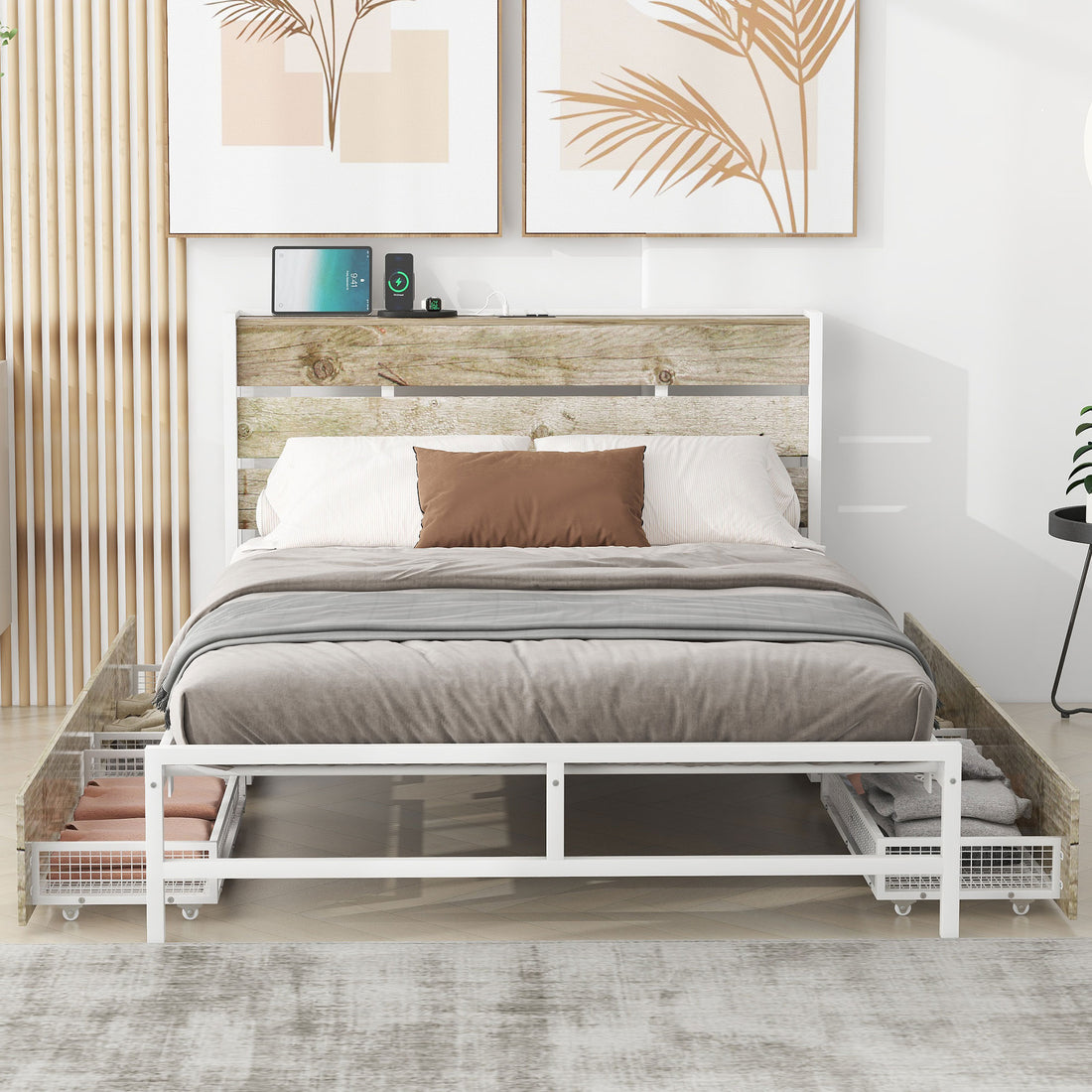 Metal Platform Bed With Four Drawers, Sockets And Usb Ports, Full, White Full White Mdf Metal