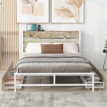 Metal Platform Bed With Four Drawers, Sockets And Usb Ports, Full, White Full White Mdf Metal