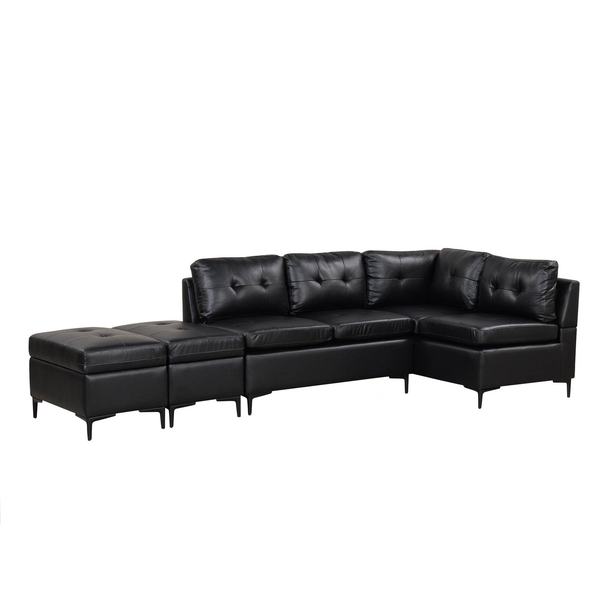 94.88" L Shaped Corner Sofa Pu Leather Sectional Sofa Couch With Movable Storage Ottomans For Living Room, Black Black Foam Pu Leather