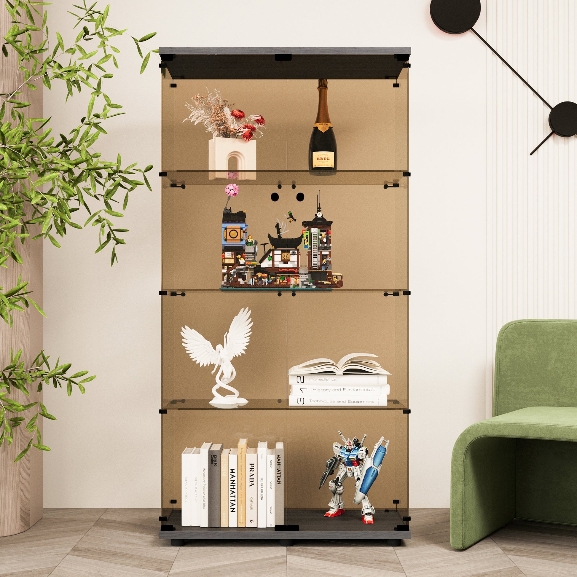 Two Door Tawny Glass Display Cabinet 4 Shelves With Door, Floor Standing Curio Bookshelf For Living Room Bedroom Office, 64.7"*31.7"*14.3",Black Black Glass