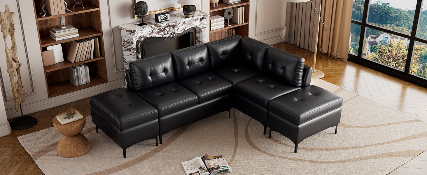 94.88" L Shaped Corner Sofa Pu Leather Sectional Sofa Couch With Movable Storage Ottomans For Living Room, Black Black Foam Pu Leather