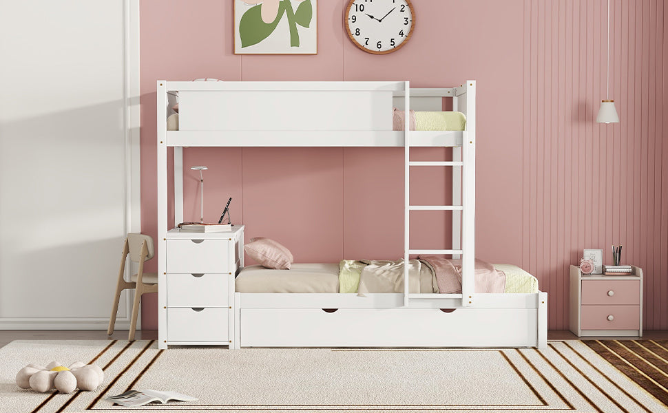 Twin Over Twin Bunk Bed With Twin Size Trundle, Storage And Desk, White White Solid Wood