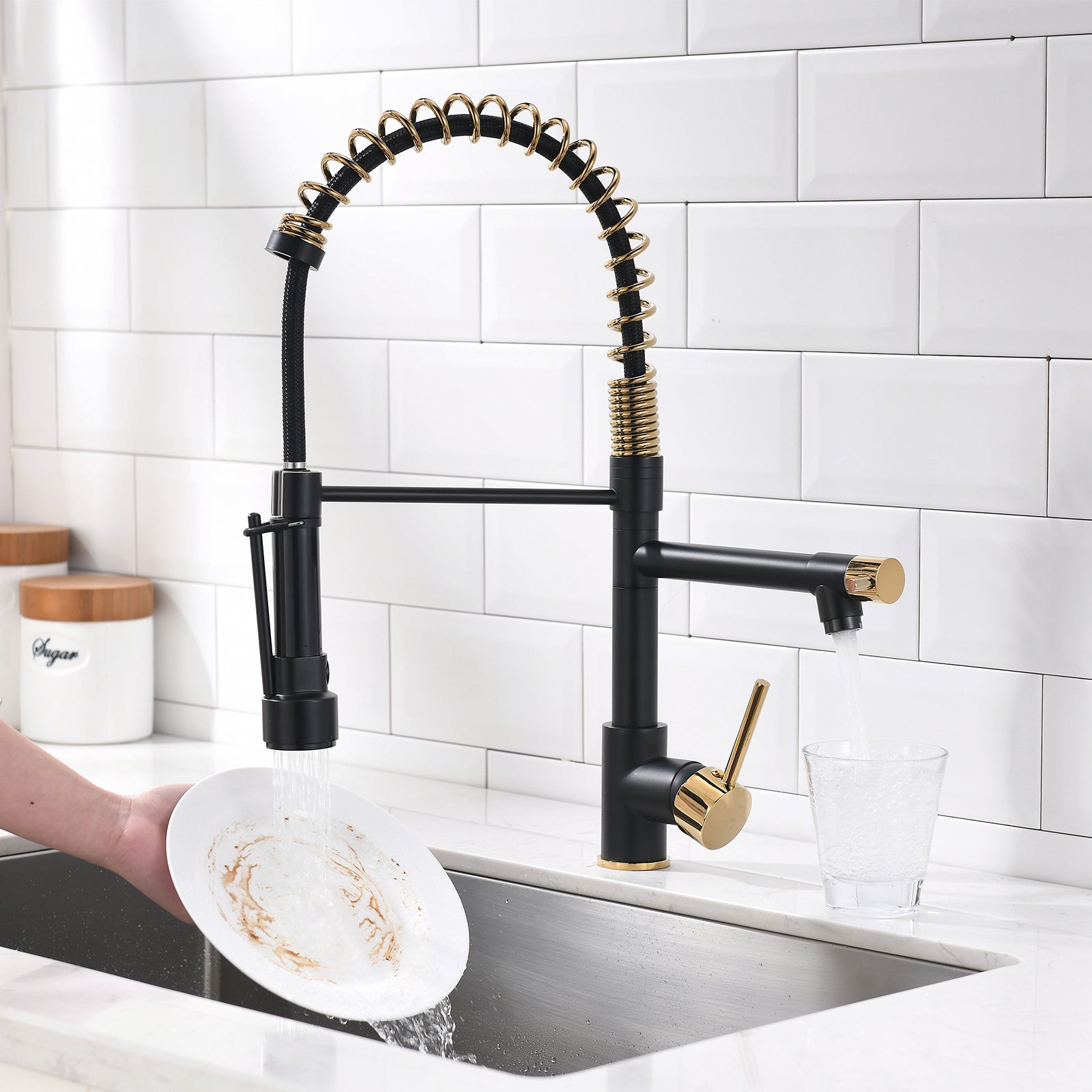 Commercial Kitchen Faucet With Pull Down Sprayer, Single Handle Single Lever Kitchen Sink Faucet Black Gold Kitchen Contemporary Ceramic Brass