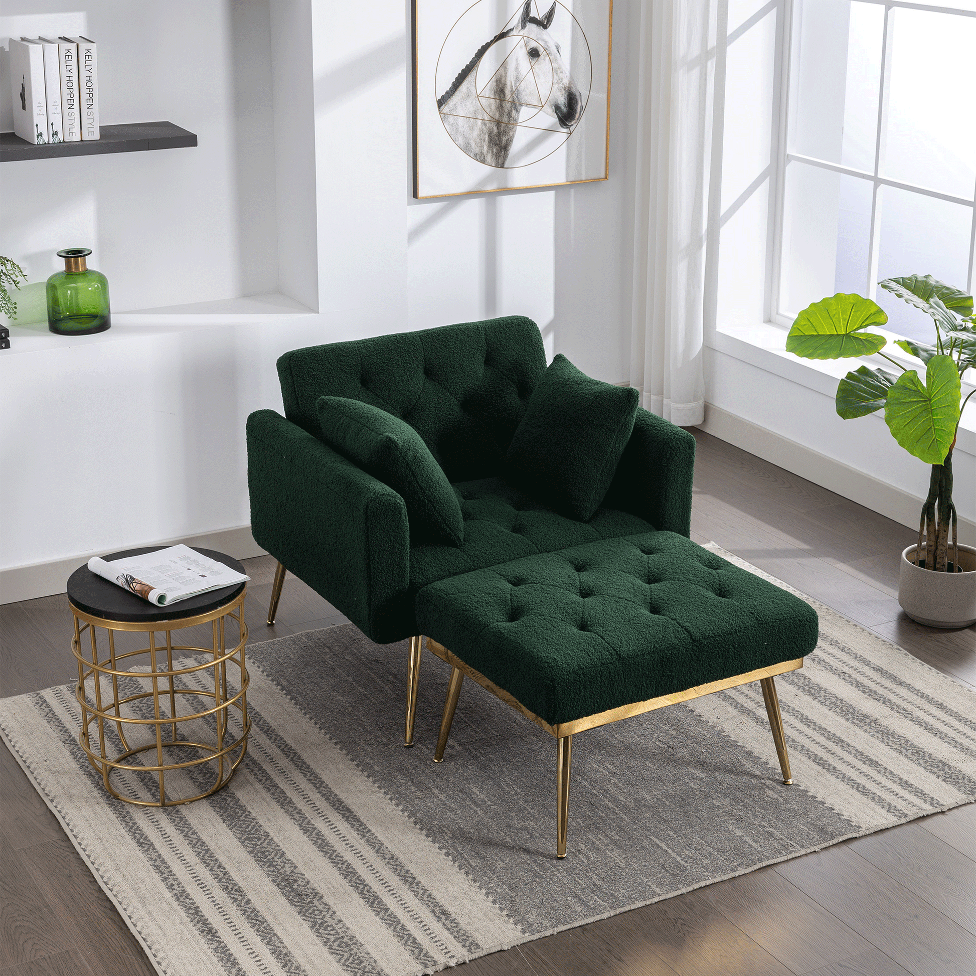 36.61'' Wide Modern Accent Chair With 3 Positions Adjustable Backrest, Tufted Chaise Lounge Chair, Single Recliner Armchair With Ottoman And Gold Legs For Living Room, Bedroom Green Green Foam Sherpa