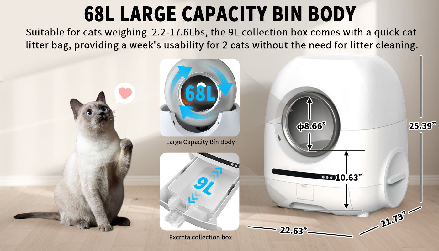 Self Cleaning Cat Litter Box, 68L 9L, Suitable For A Variety Of Cat Litter, App Control, Real Time Video, Photo And Video, Safe And Reliable, Ionic Deodorization, With Exhaust Hose, Support Wifi White Abs