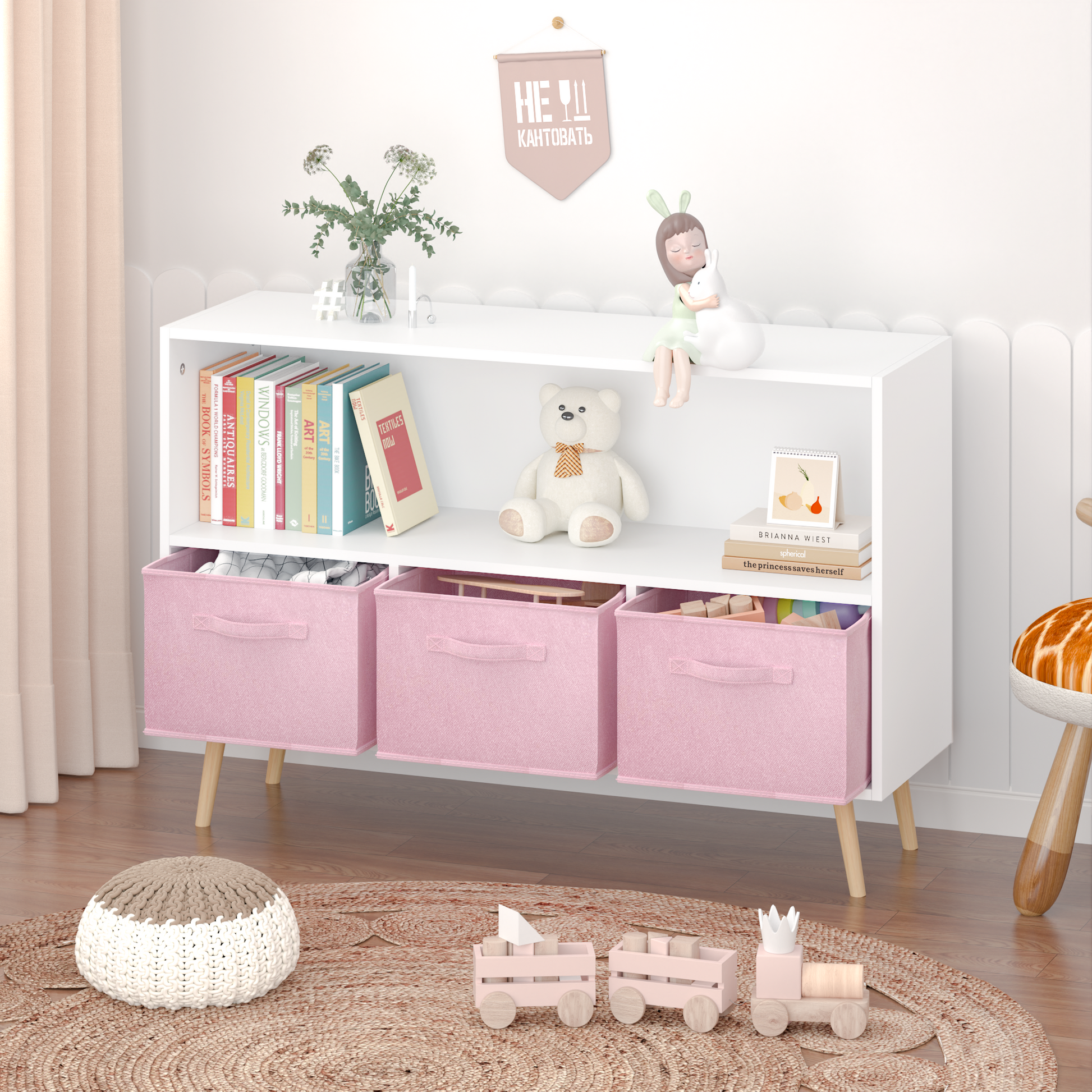 Kids Bookcase With Collapsible Fabric Drawers, Children'S Book Display, Toy Storage Cabinet Organizer, White Pink White Pink Mdf