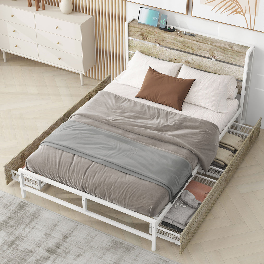 Metal Platform Bed With Four Drawers, Sockets And Usb Ports, Full, White Full White Mdf Metal