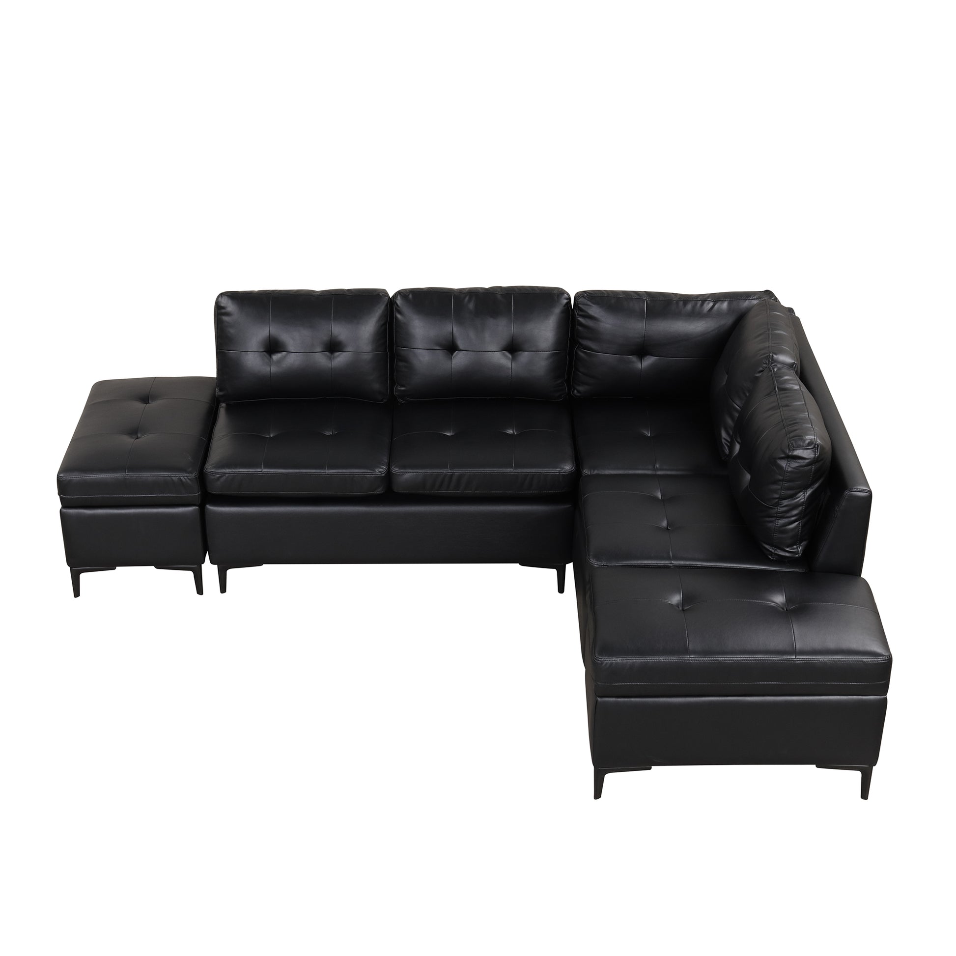 94.88" L Shaped Corner Sofa Pu Leather Sectional Sofa Couch With Movable Storage Ottomans For Living Room, Black Black Foam Pu Leather