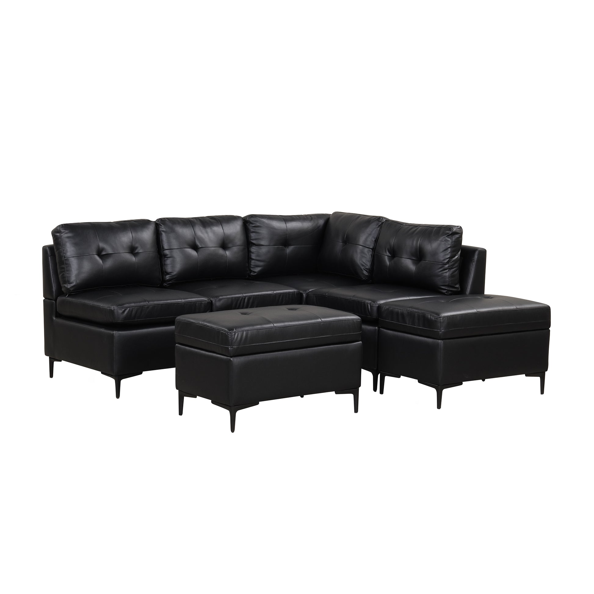 94.88" L Shaped Corner Sofa Pu Leather Sectional Sofa Couch With Movable Storage Ottomans For Living Room, Black Black Foam Pu Leather