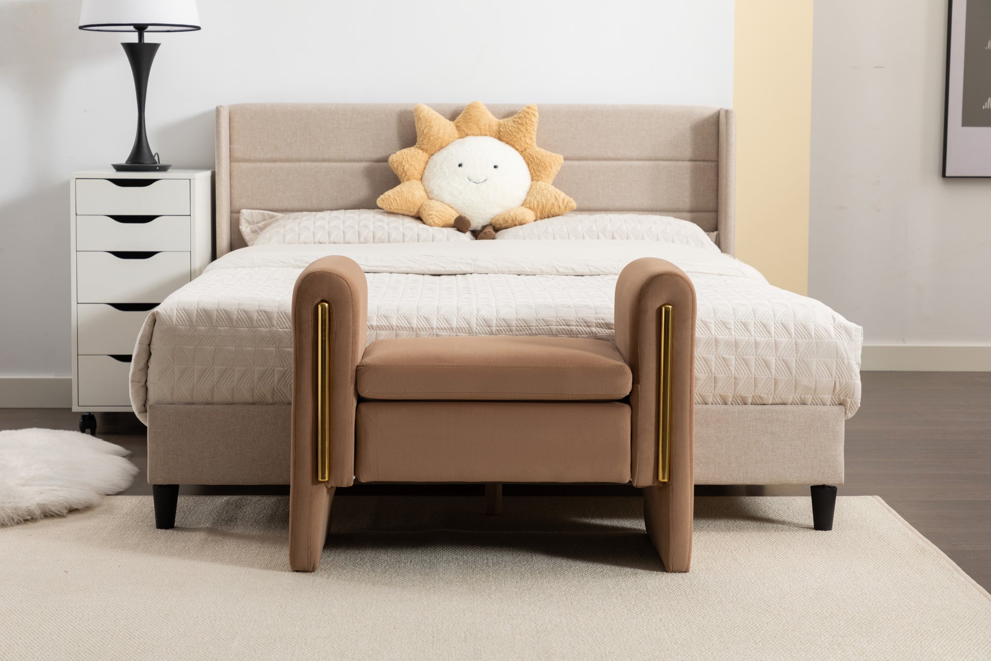 031 Velvet Fabric Single Bench Shoe Bench Makeup Bench For Bedroom Indoor,Coffee Wood Bedroom Brown Solid Eucalyptus Wood Tufted Coffee Polyester Velvet Backless Soft Modern Foam Velvet