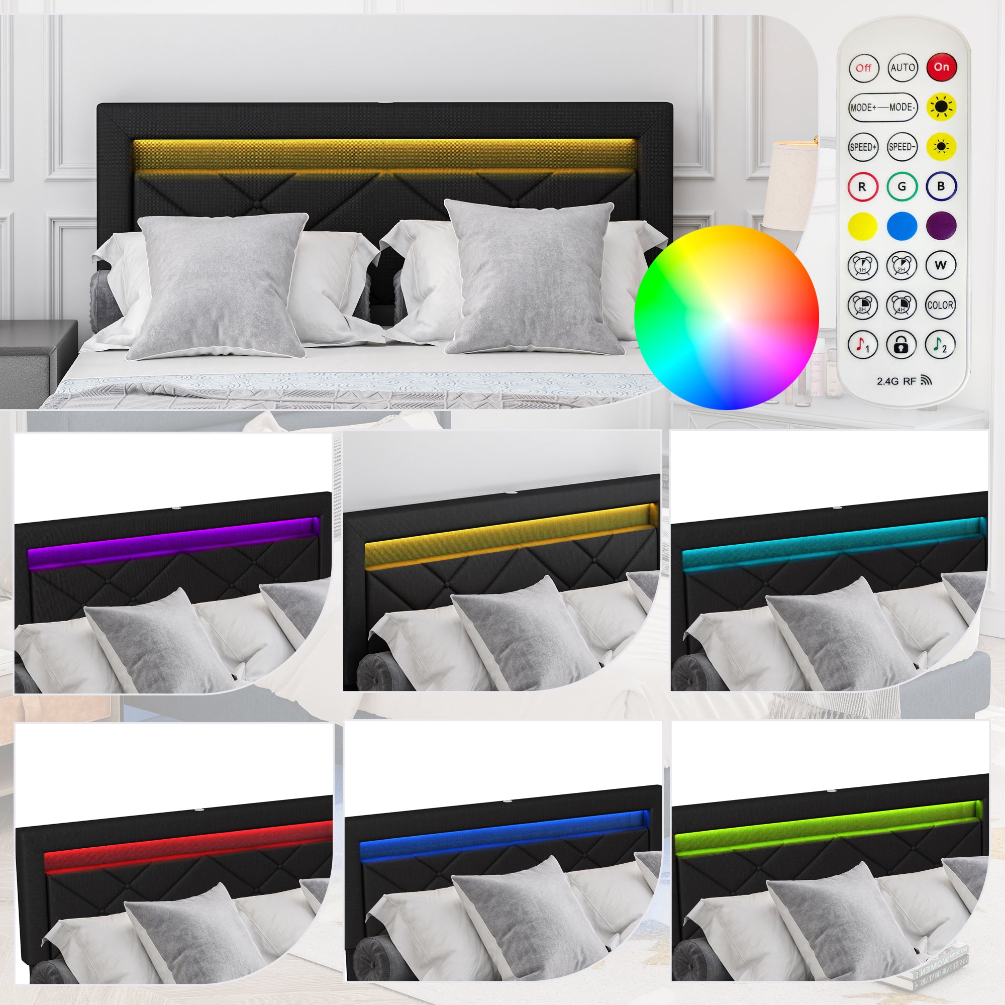 Queen Size Bed Frame with LED Lights, USB Charging black-iron-iron