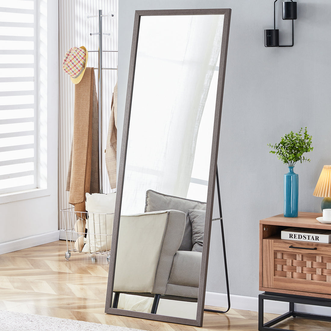 Third Generation Packaging Upgrade, Thickened Frame, Gray Wood Grain Solid Wood Frame Full Length Mirror, Dressing Mirror, Bedroom Entrance, Decorative Mirror, Floor Standing Mirror. 65"*22.8" Gray Solid Wood