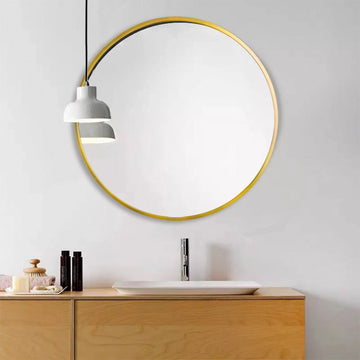 Tempered Mirror 28" Wall Circle Mirror For Bathroom, Gold Round Mirror For Wall, 20 Inch Hanging Round Mirror For Living Room, Vanity, Bedroom Gold Glass