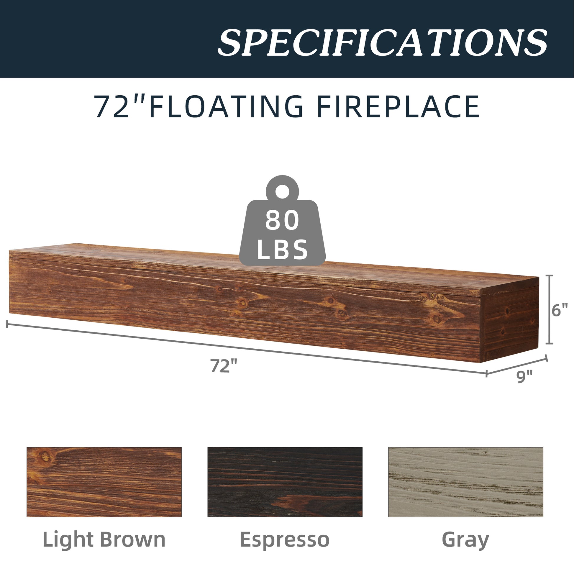 72" Rustic Wood Fireplace Mantel,Wall Mounted & Floating Shelf For Home Decor Light Brown Solid Wood