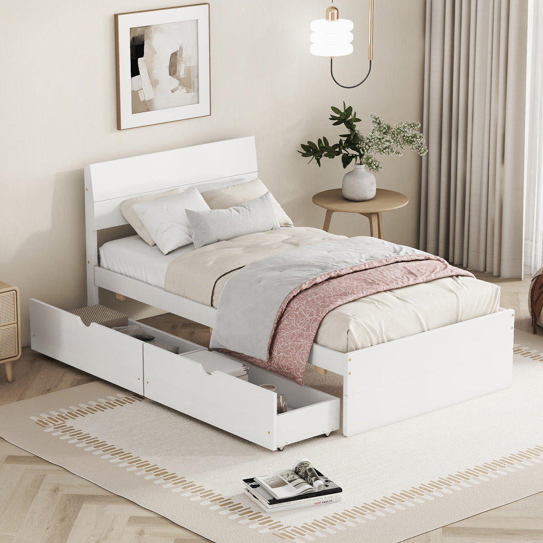 Modern Twin Bed Frame With 2 Drawers For White High Gloss Headboard And Footboard With Creamy White Color Box Spring Not Required Twin Creamy White,White Bedroom Bed Frame Mdf,Rubber Wood
