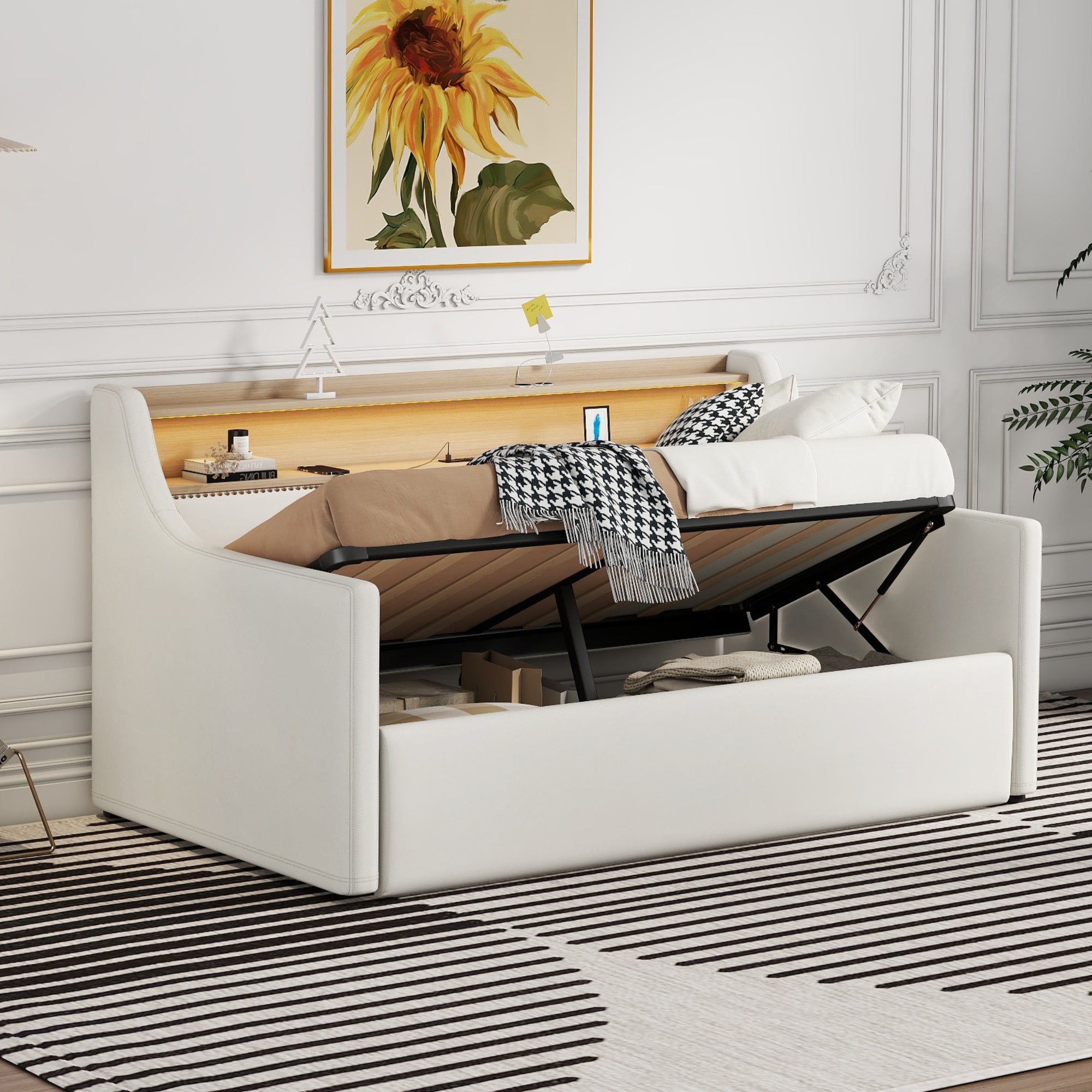 Twin Size Daybed With Hydraulic Storage, Upholstered Daybed With Lift Up Storage, Twin Leather Daybed With Charging Station And Led Lights,White Expect Arrival Date Feb.13Rd Twin White Pu Leather