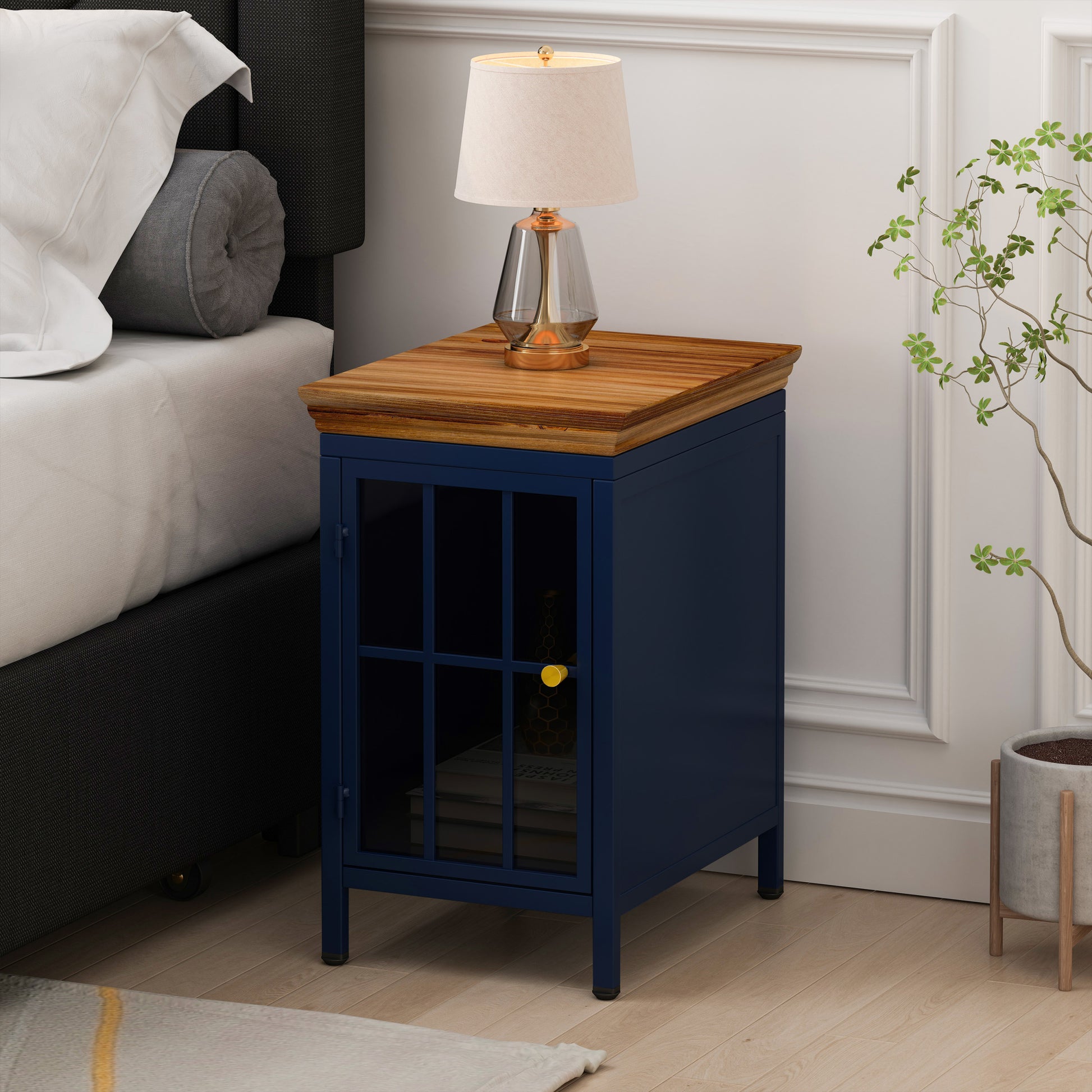 Nightstand with Storage Cabinet & Solid Wood Tabletop blue-iron