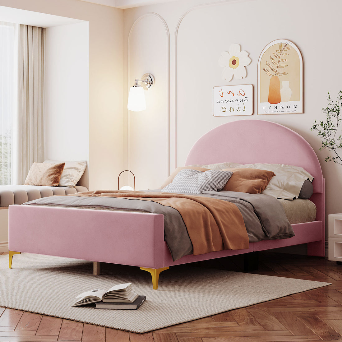 Full Size Upholstered Platform Bed With Classic Semi Circle Shaped Headboard And Mental Legs, Velvet, Pink Pink Velvet