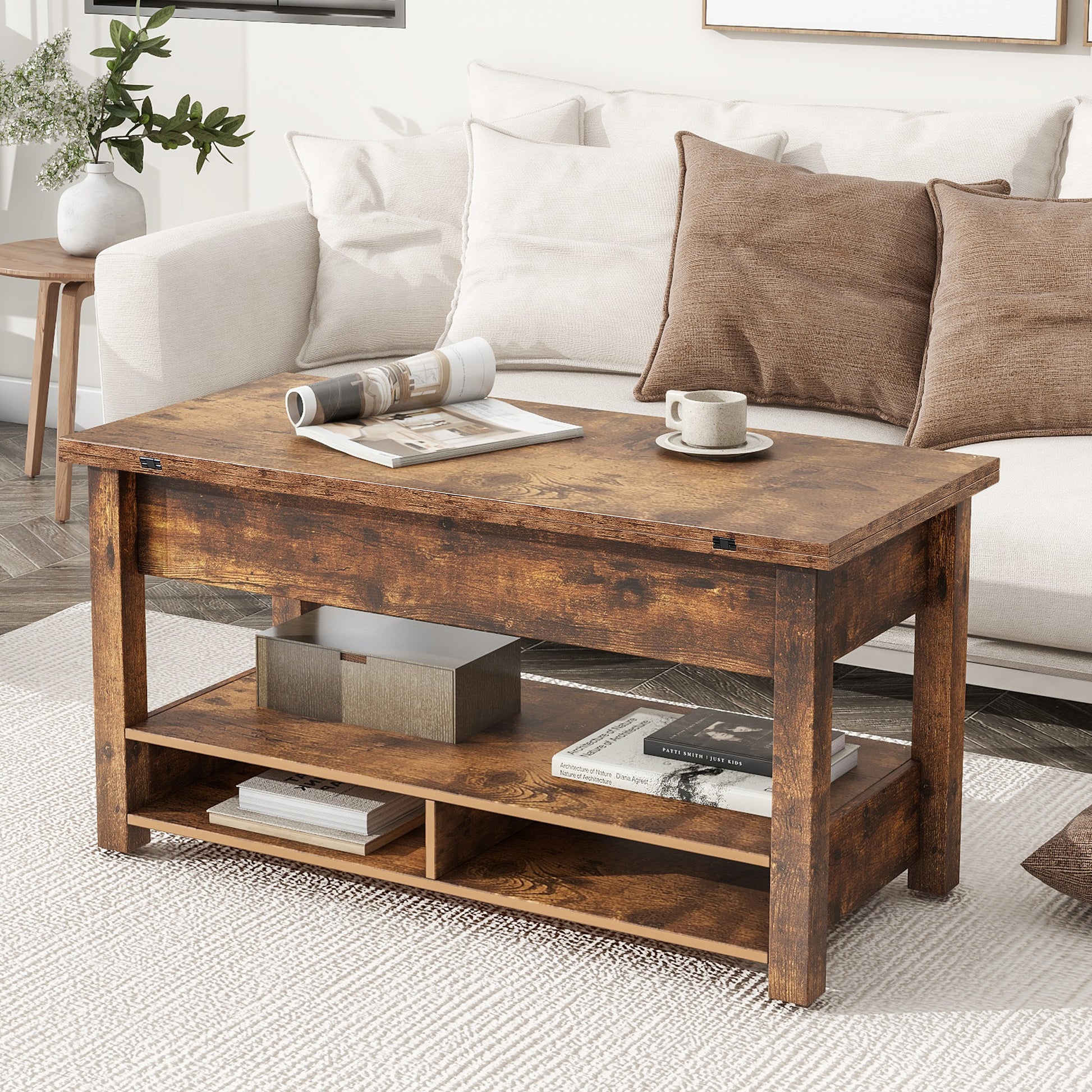 Lift Top Coffee Table, Multi Functional Coffee Table With Open Shelves, Modern Lift Tabletop Dining Table For Living Room, Home Office, Rustic Brown Rustic Brown Primary Living Space Particle Board