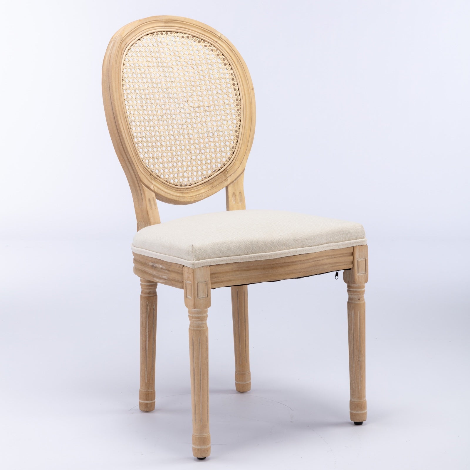 French Style Solid Wood Frame Antique Painting Linen Fabric Rattan Back Dining Chair,Set Of 2,Cream,Beige Beige Dining Room American Design,French Rubberwood Foam Fabric