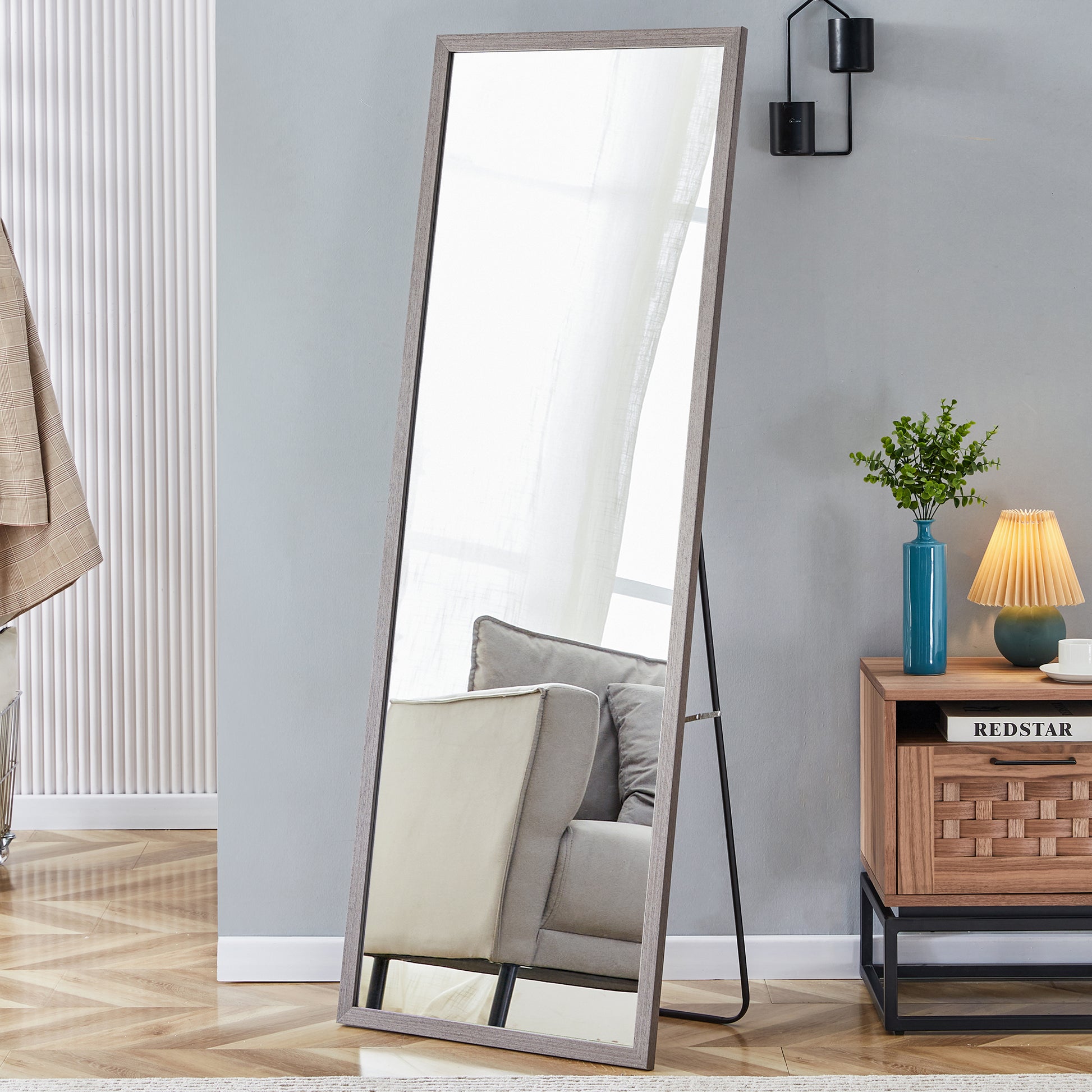 Third Generation Packaging Upgrade, Thickened Frame, Gray Wood Grain Solid Wood Frame Full Length Mirror, Dressing Mirror, Bedroom Entrance, Decorative Mirror, Floor Standing Mirror. 65"*22.8" Gray Solid Wood