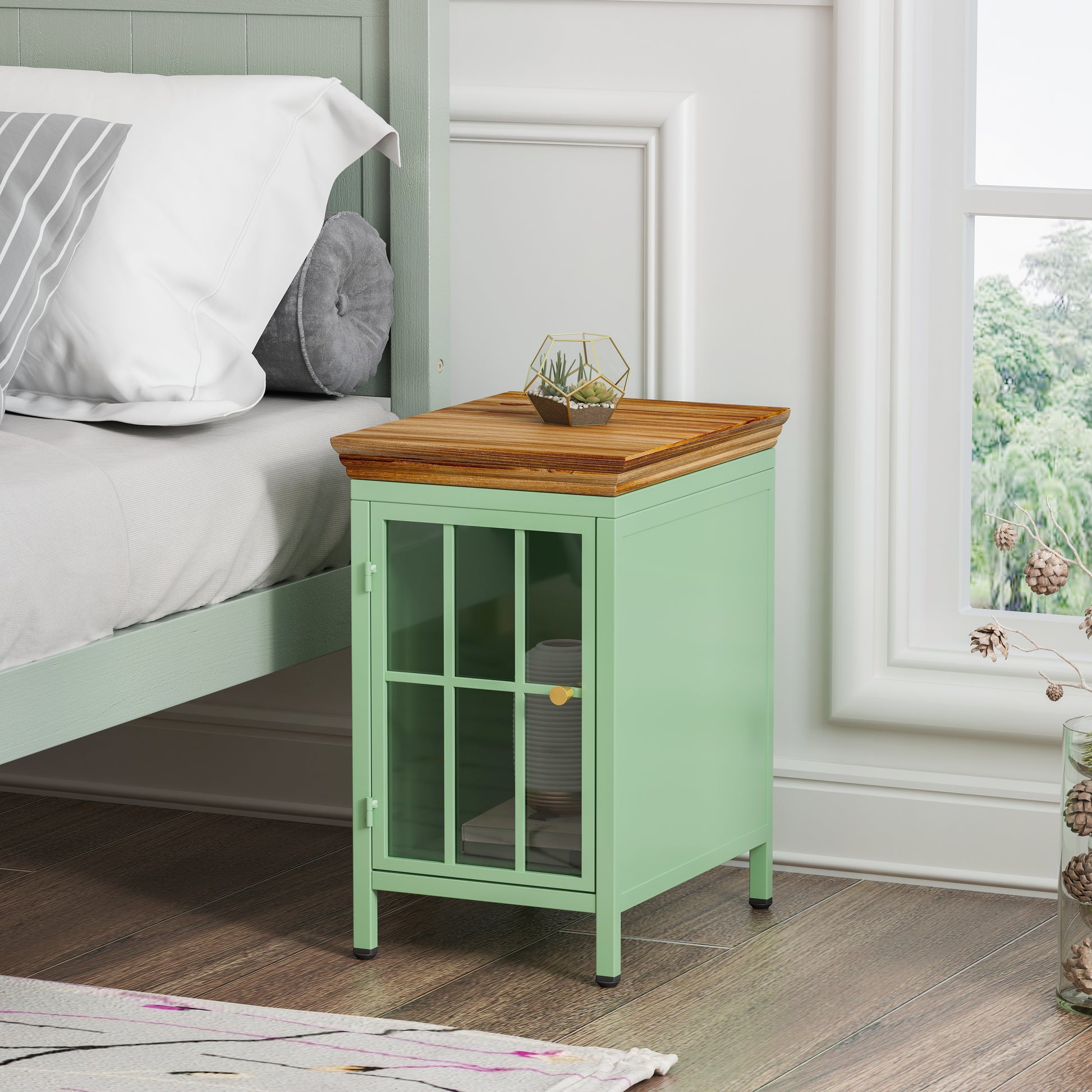 Nightstand With Storage Cabinet & Solid Wood Tabletop, Bedside Table, Sofa Side Coffee Table For Bedroom, Living Room, Green Set Of Two Pieces Green Iron