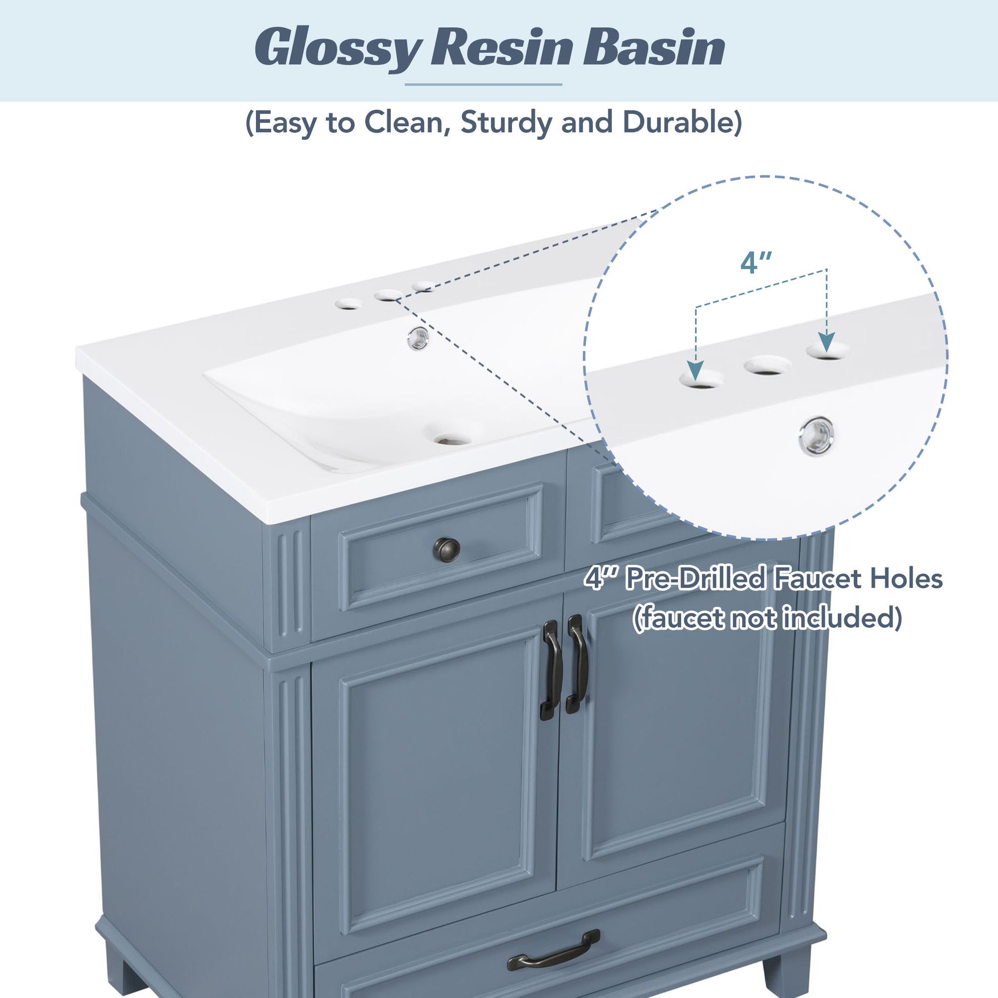 30'' Bathroom Vanity With Resin Sink,Solid Wood Frame Bathroom Storage Cabinet With Soft Closing Doors,Retro Style, Blue 1 Blue 2 Soft Close Doors Bathroom Freestanding Solid Wood Mdf Resin Painted