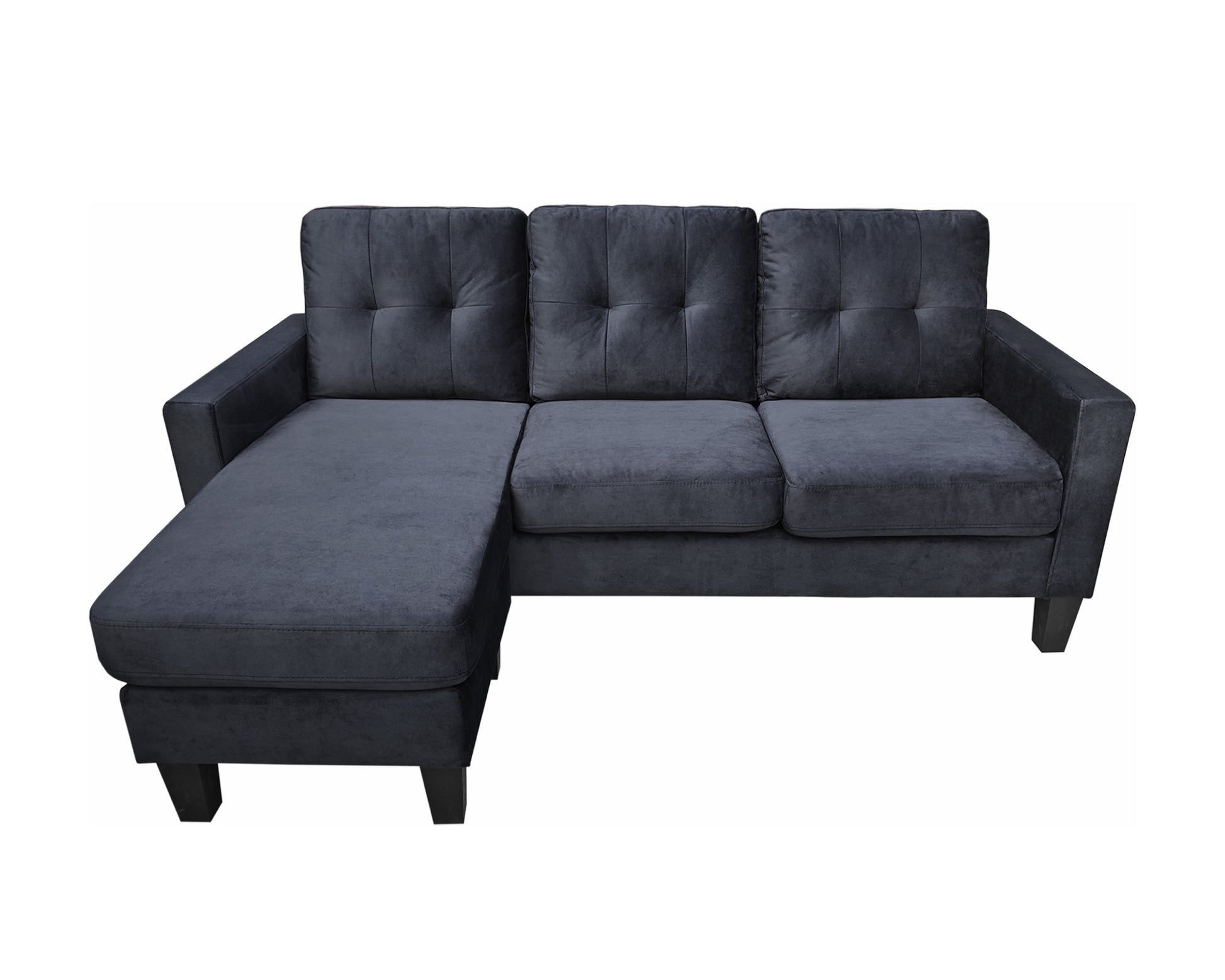 Everett 72.5" Black Velvet Reversible Sectional Sofa Chaise Black Velvet