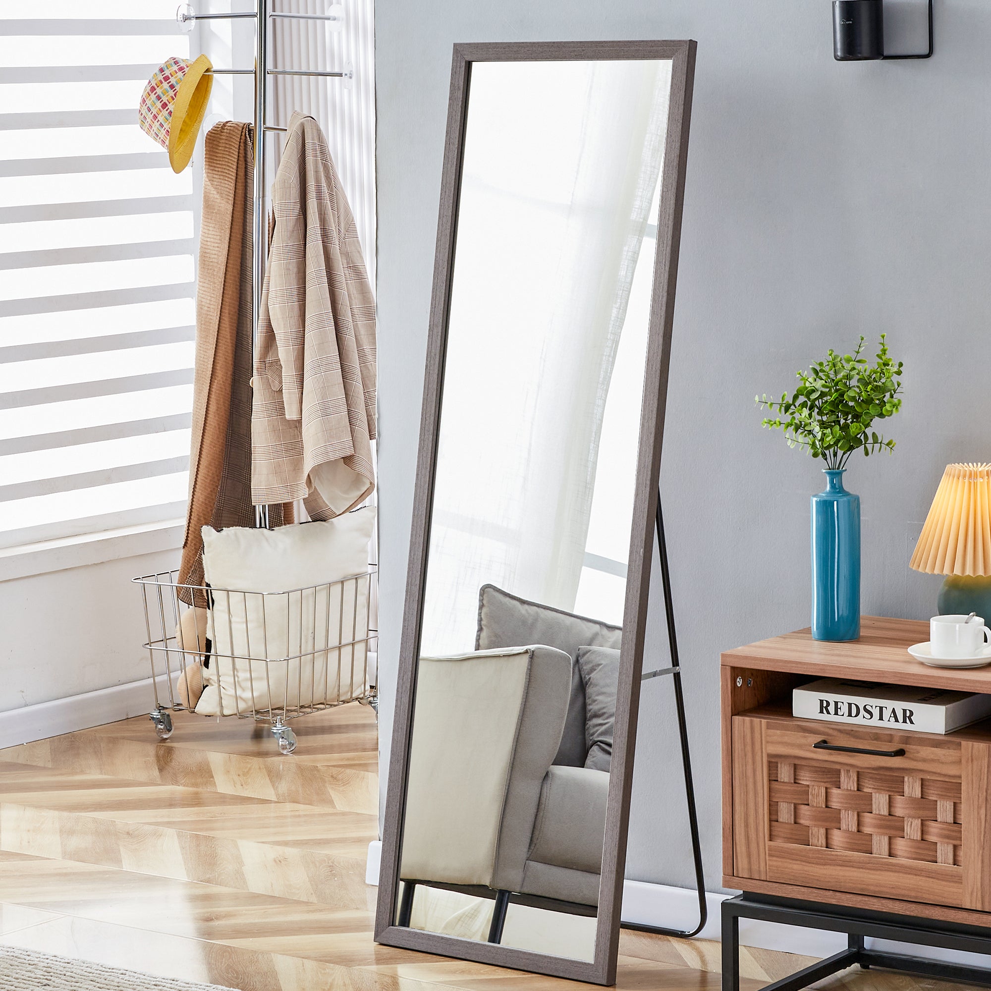 Third Generation Packaging Upgrade, Thickened Frame, Gray Wood Grain Solid Wood Frame Full Length Mirror, Dressing Mirror, Bedroom Entrance, Decorative Mirror, Floor Standing Mirror. 57.9 "* 18.1" Gray Solid Wood