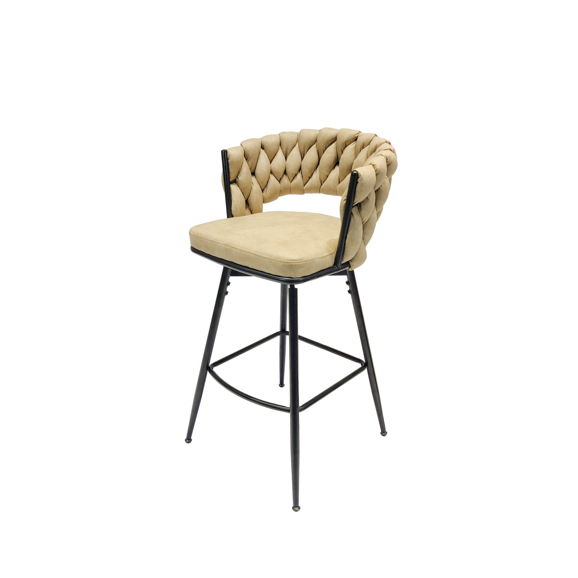 Technical Leather Woven Bar Stool Set Of 2,Black Legs Barstools No Adjustable Kitchen Island Chairs,360 Swivel Bar Stools Upholstered Counter Stool Arm Chairs With Back Footrest, Light Brown Metal Light Brown Kitchen Dining Chairs Foam Technical Leather