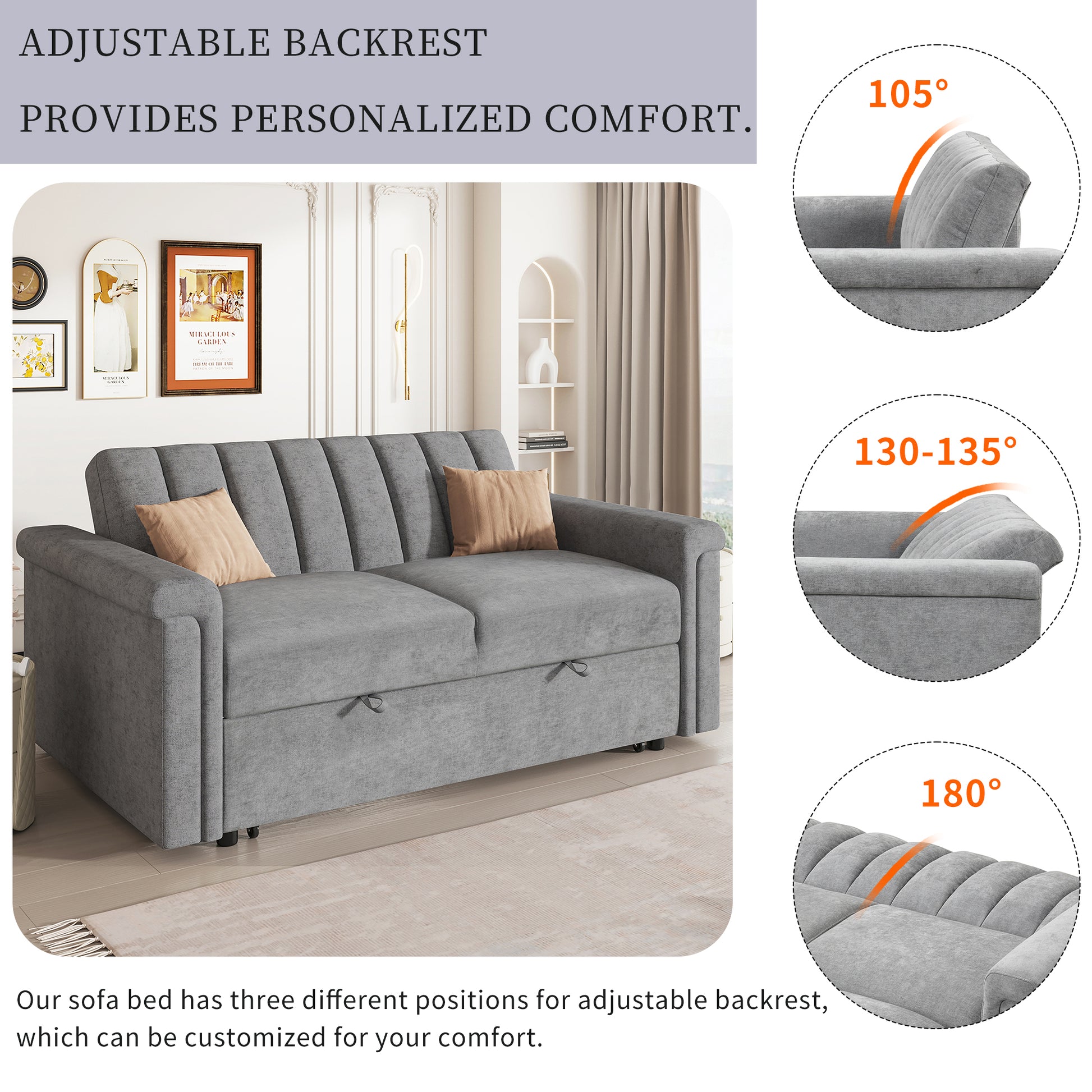 Convertible Soft Cushion Sofa Pull Bed ,For Two People To Sit On Gray Polyester