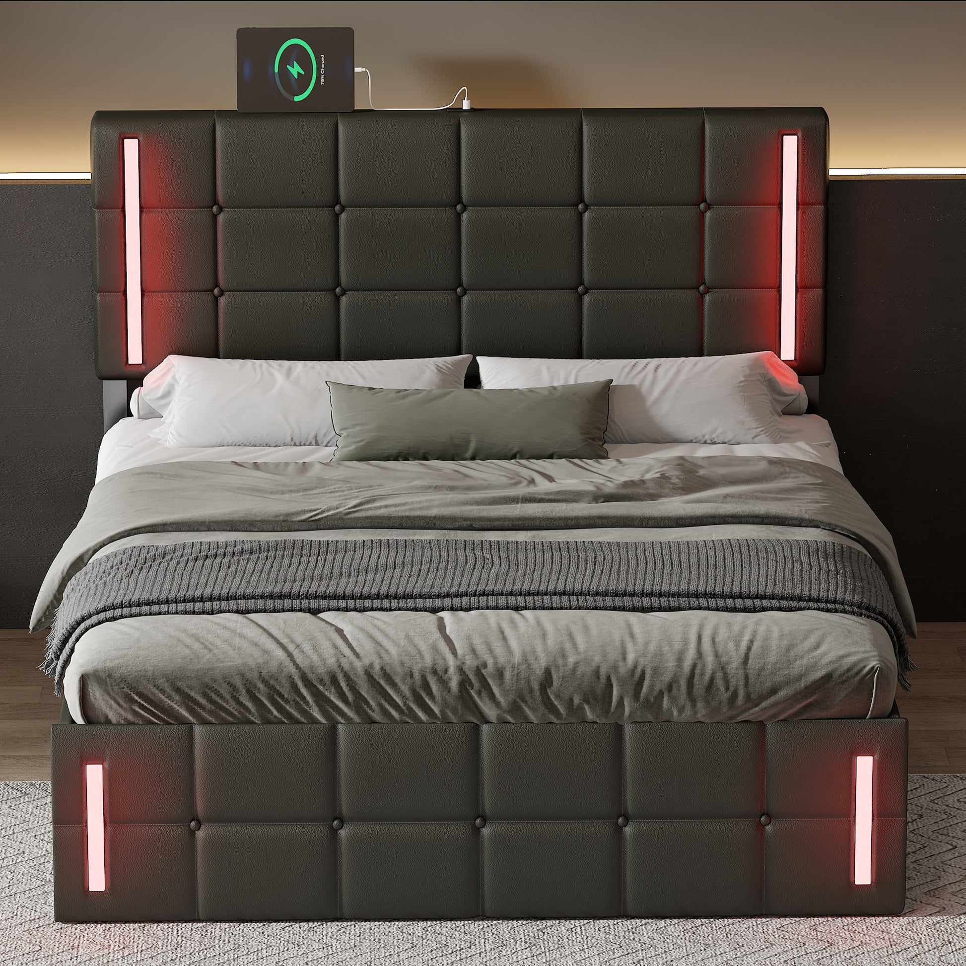 Full Size Upholstered Bed With Led Lights,Hydraulic Storage System And Usb Charging Station,Black Black Pu