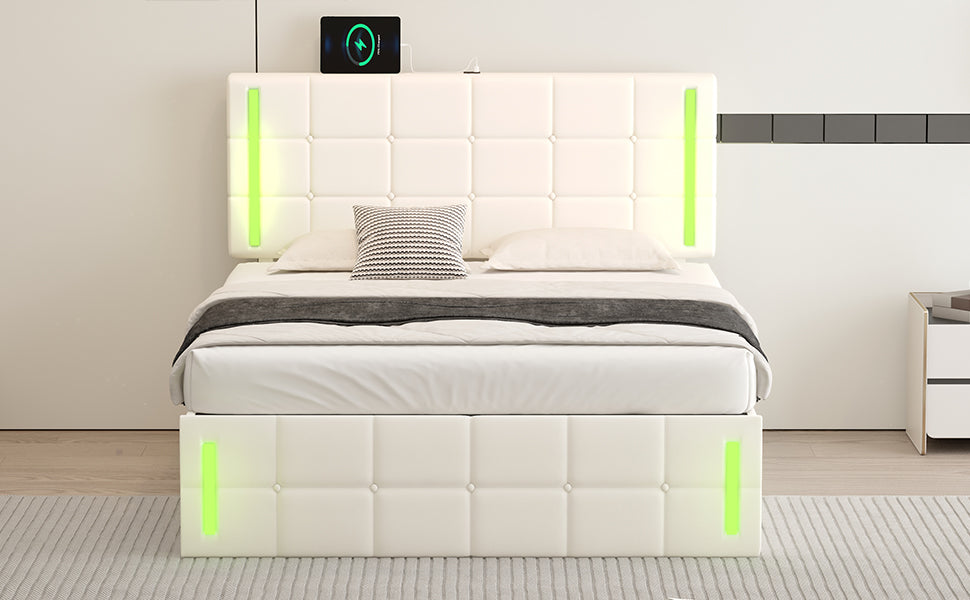 Full Size Upholstered Bed With Led Lights,Hydraulic Storage System And Usb Charging Station,White White Pu