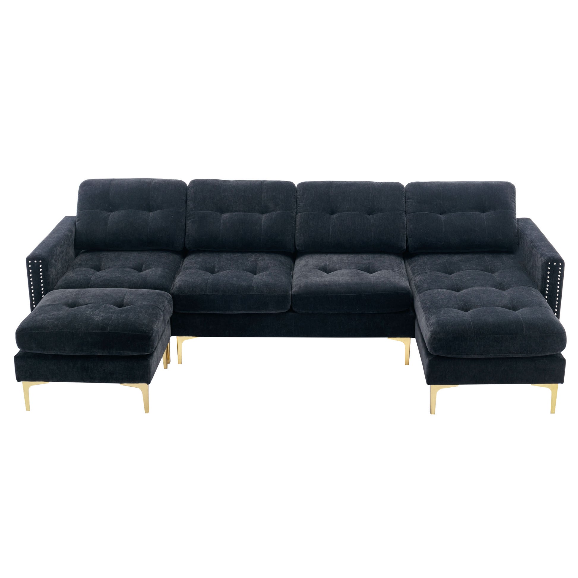 110" L Shape Convertible Sectional Sofa Couch With Movable Ottoman For Living Room, Apartment, Office, Black Black Foam Velvet 4 Seat