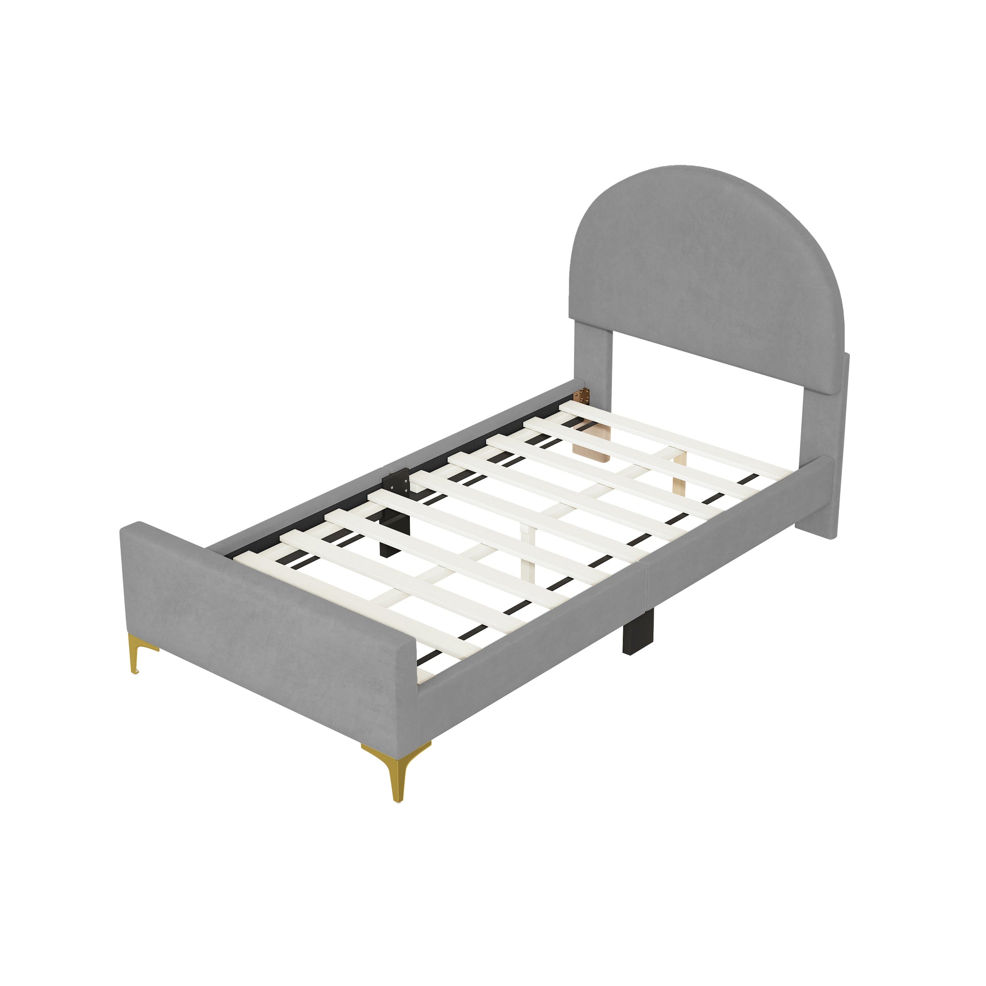 Twin Size Upholstered Platform Bed With Classic Semi Circle Shaped Headboard And Mental Legs, Velvet, Gray Gray Velvet