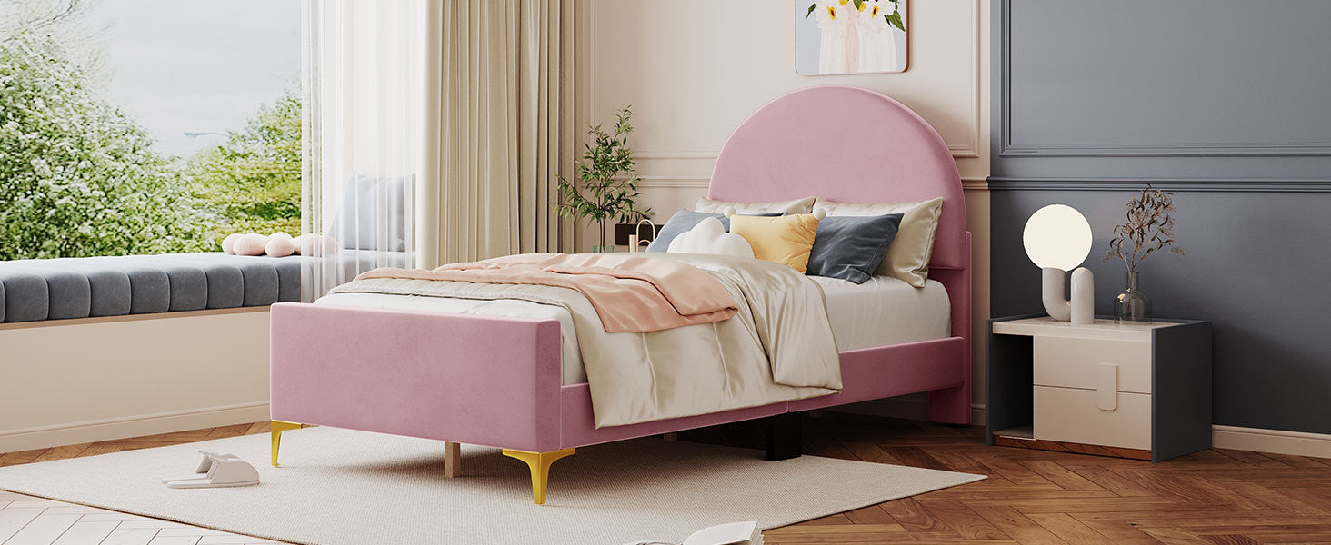 Twin Size Upholstered Platform Bed with Classic Semi pink-velvet