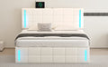 Queen Size Upholstered Bed With Led Lights,Hydraulic Storage System And Usb Charging Station,White White Pu
