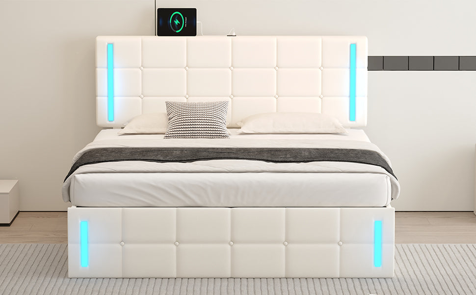 Queen Size Upholstered Bed With Led Lights,Hydraulic Storage System And Usb Charging Station,White White Pu