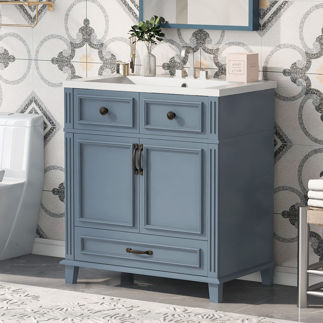 30'' Bathroom Vanity with Resin Sink,Solid Wood Frame 1-blue-2-soft close