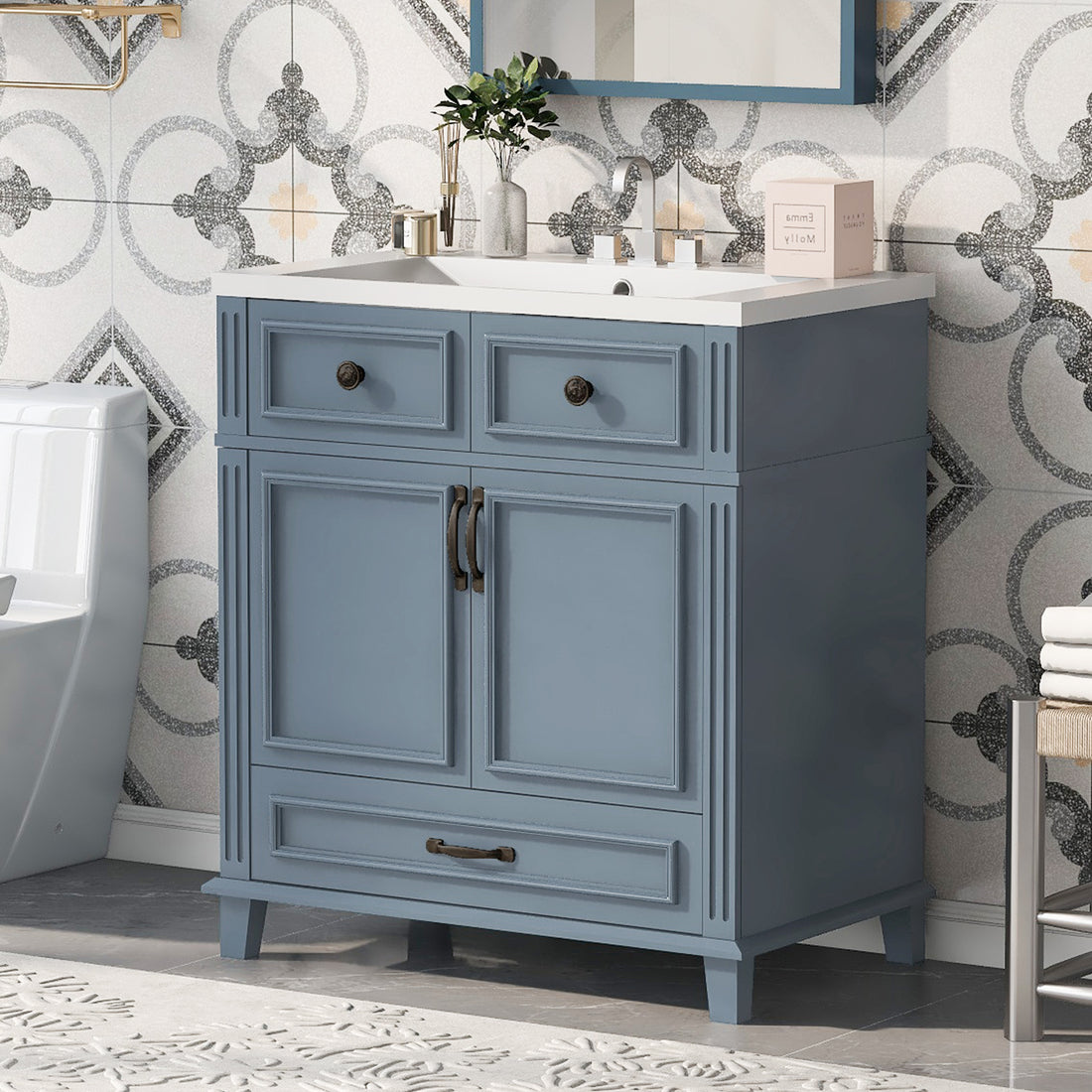 30'' Bathroom Vanity With Resin Sink,Solid Wood Frame Bathroom Storage Cabinet With Soft Closing Doors,Retro Style, Blue 1 Blue 2 Soft Close Doors Bathroom Freestanding Solid Wood Mdf Resin Painted