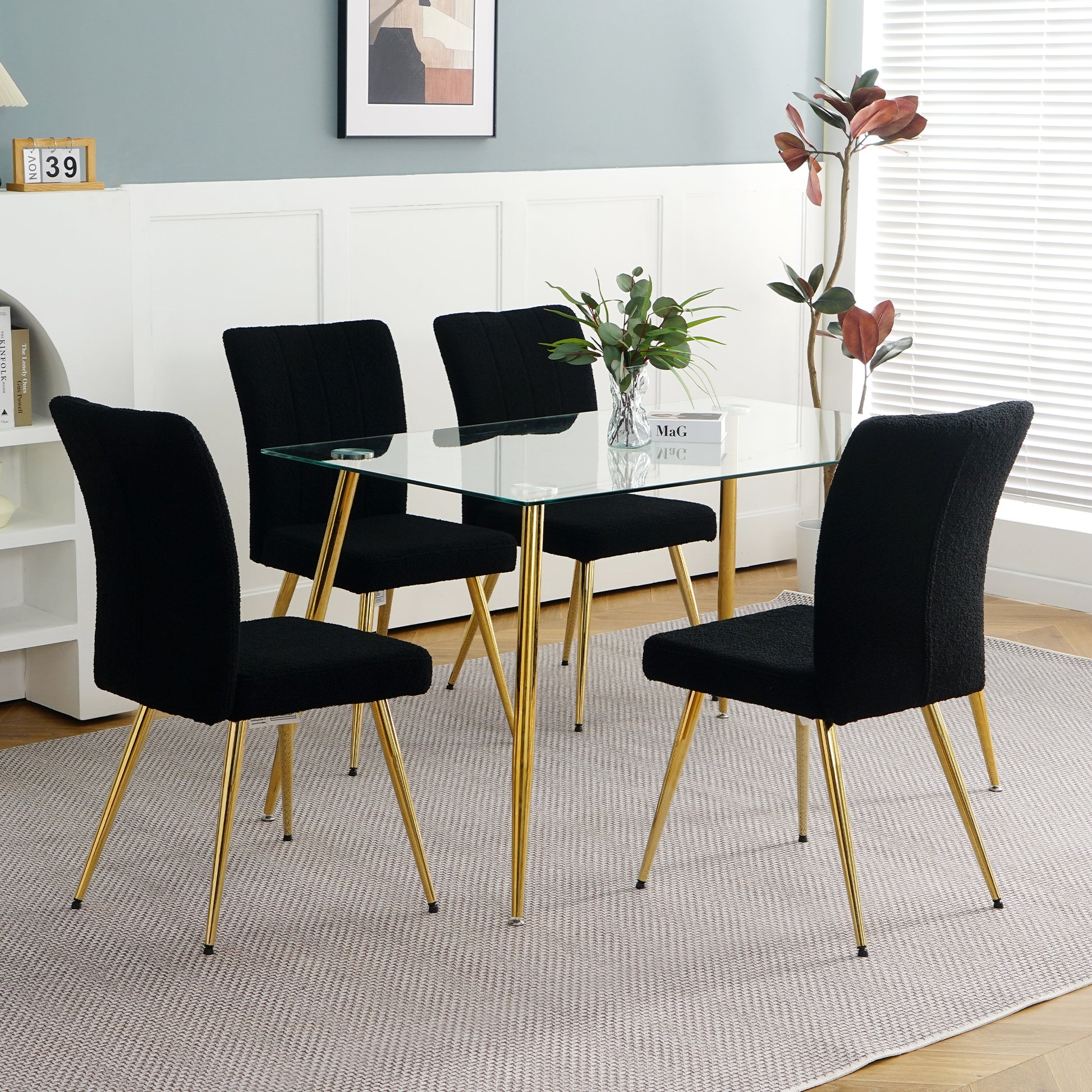 Modern Black Teddy Wool Dining Chair, Upholstered Chair With Fabric Accent Side Chair With Gold Plated Metal Legs For Family Furniture Living Room, Bedroom, Kitchen, Dining Room Set Of 4 Black Metal