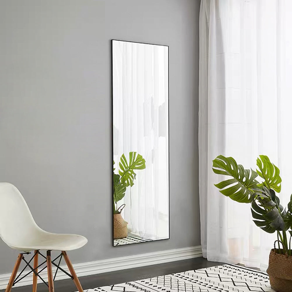 Tempered Mirror 59" X 16" Tall Full Length Mirror With Stand, Black Wall Mounting Full Body Mirror, Metal Frame Full Length Mirror For Living Room, Bedroom Black Glass