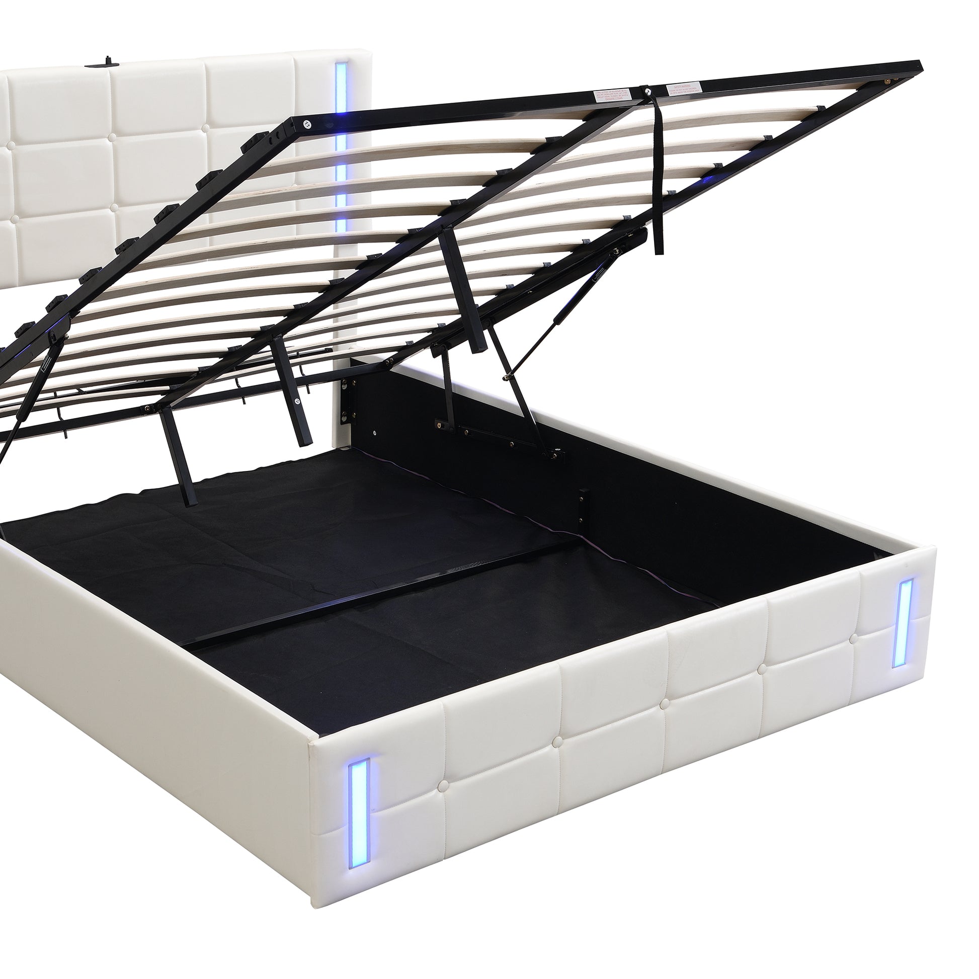 Queen Size Upholstered Bed With Led Lights,Hydraulic Storage System And Usb Charging Station,White White Pu