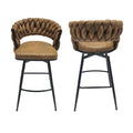 Technical Leather Woven Bar Stool Set Of 4,Black Legs Barstools No Adjustable Kitchen Island Chairs,360 Swivel Bar Stools Upholstered Bar Chair Counter Stool Arm Chairs With Back Footrest, Brown Metal Brown Kitchen Dining Chairs Foam Technical Leather