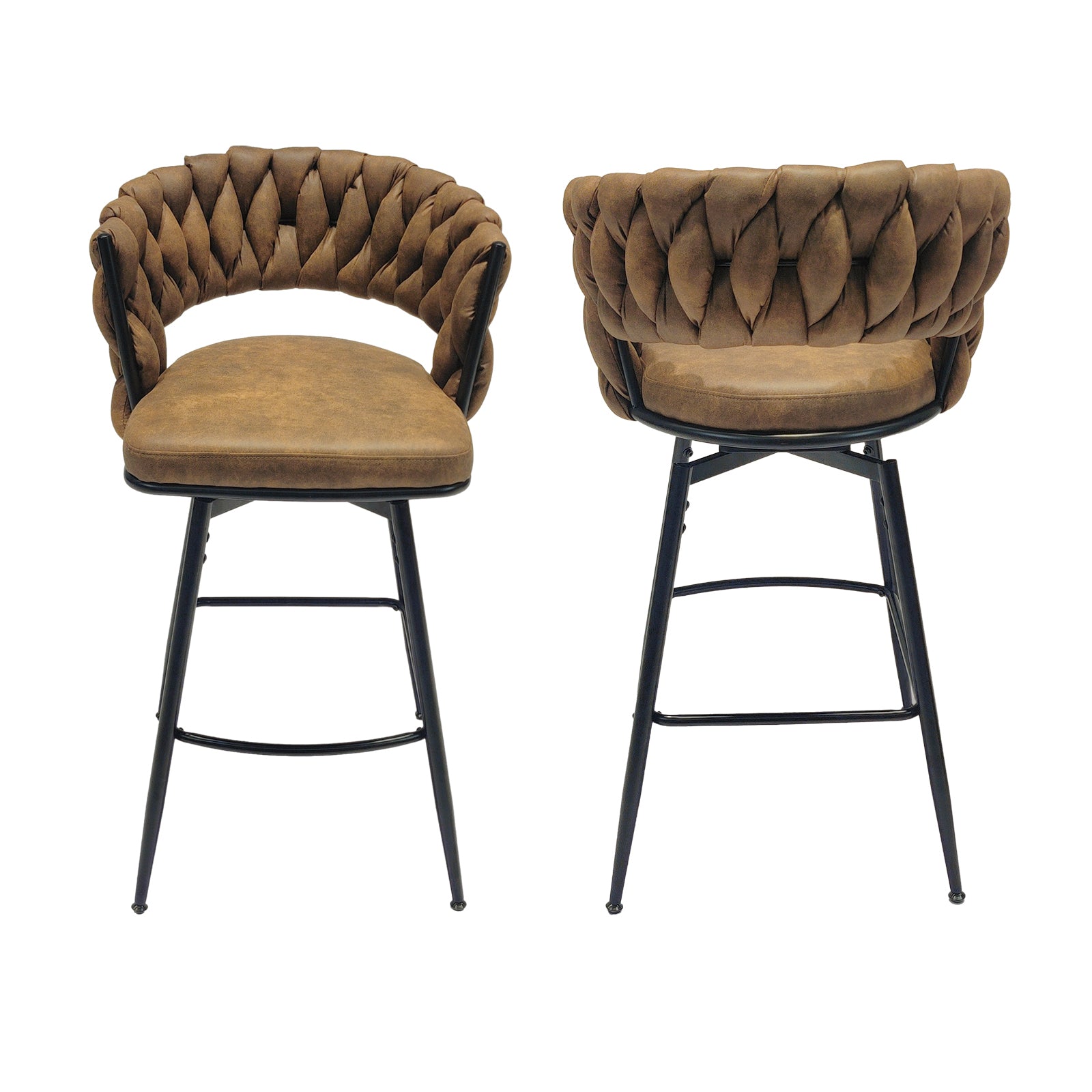 Technical Leather Woven Bar Stool Set Of 4,Black Legs Barstools No Adjustable Kitchen Island Chairs,360 Swivel Bar Stools Upholstered Bar Chair Counter Stool Arm Chairs With Back Footrest, Brown Metal Brown Kitchen Dining Chairs Foam Technical Leather