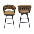 Technical Leather Woven Bar Stool Set Of 2,Black Legs Barstools No Adjustable Kitchen Island Chairs,360 Swivel Bar Stools Upholstered Bar Chair Counter Stool Arm Chairs With Back Footrest, Brown Metal Brown Kitchen Dining Chairs Foam Technical Leather